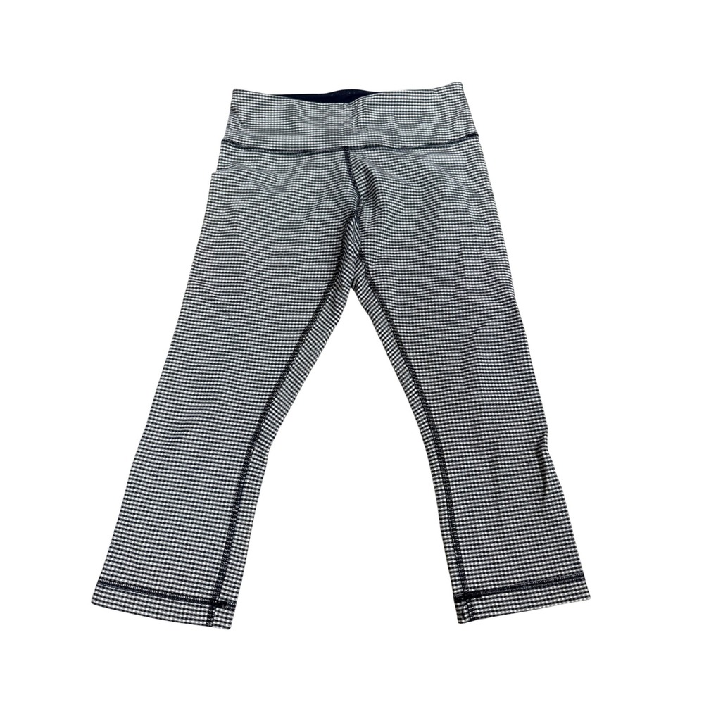 Lululemon Wunder Under Crop Leggings Navy Blue White Gingham Check Womens Size 4